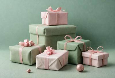 The primary subject of the image is a stack of wrapped presents. The presents are wrapped in pink and green paper, and they are placed on a green surface. The setting appears to be a festive environment, possibly a holiday celebration. The visual style of the image is a photo, capturing the details of the presents and their wrapping. The colors and mood of the image are warm and cheerful, with the pink and green paper adding a touch of festivity to the scene.